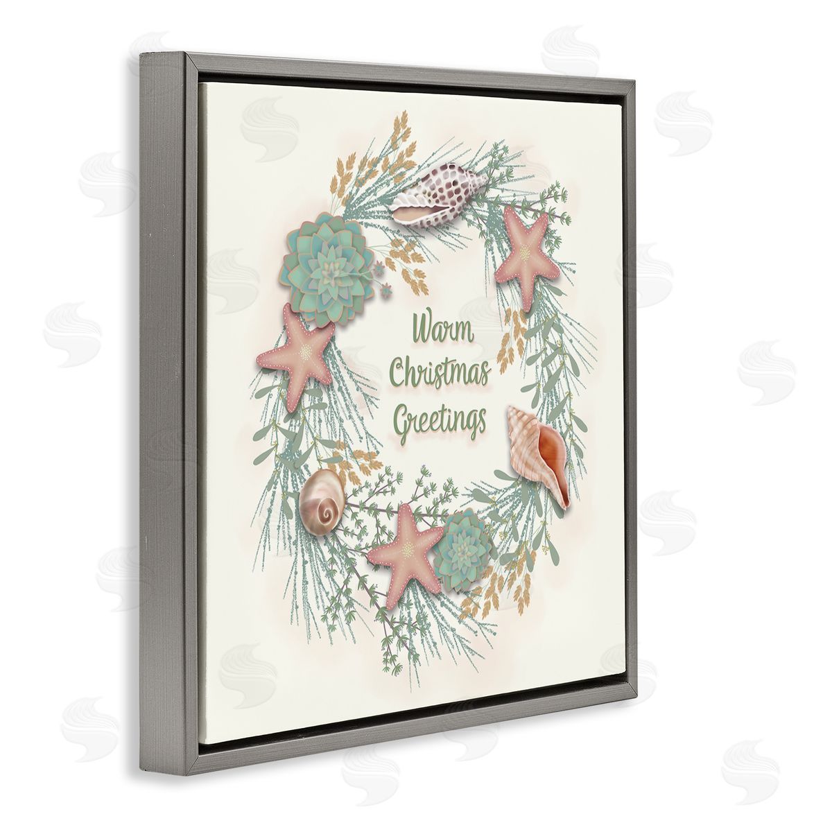 Darlene Seale Warm Christmas Greetings Beach Shells Themed Wreath Gray Floating Frame Canvas Wall Art Print