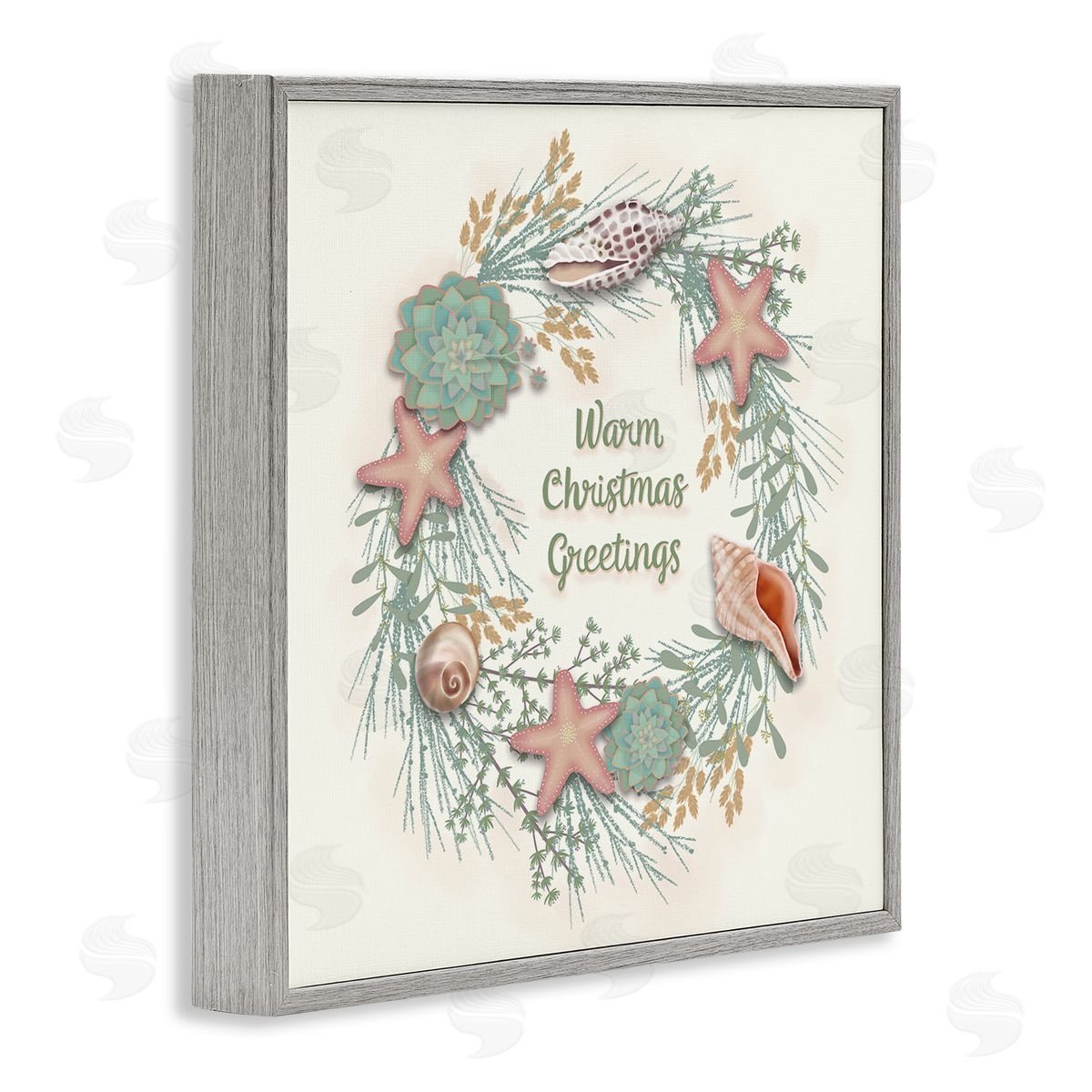Darlene Seale Warm Christmas Greetings Beach Shells Themed Wreath Gray Framed Glicee Wall Art Print