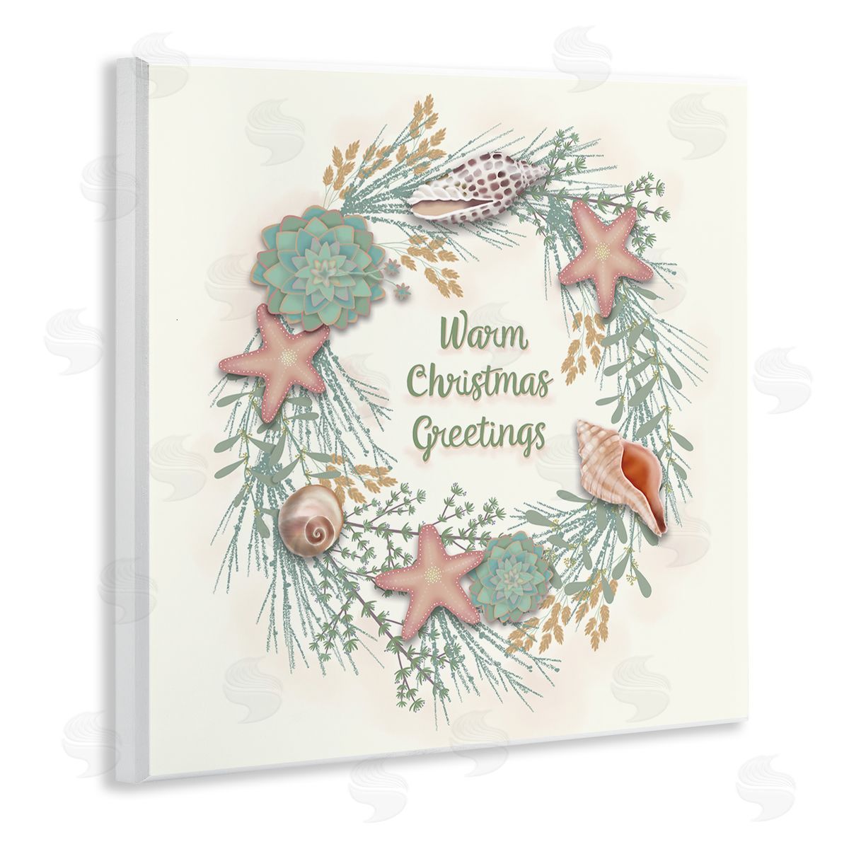 Darlene Seale Warm Christmas Greetings Beach Shells Themed Wreath Wooden Wall Plaque Art Print