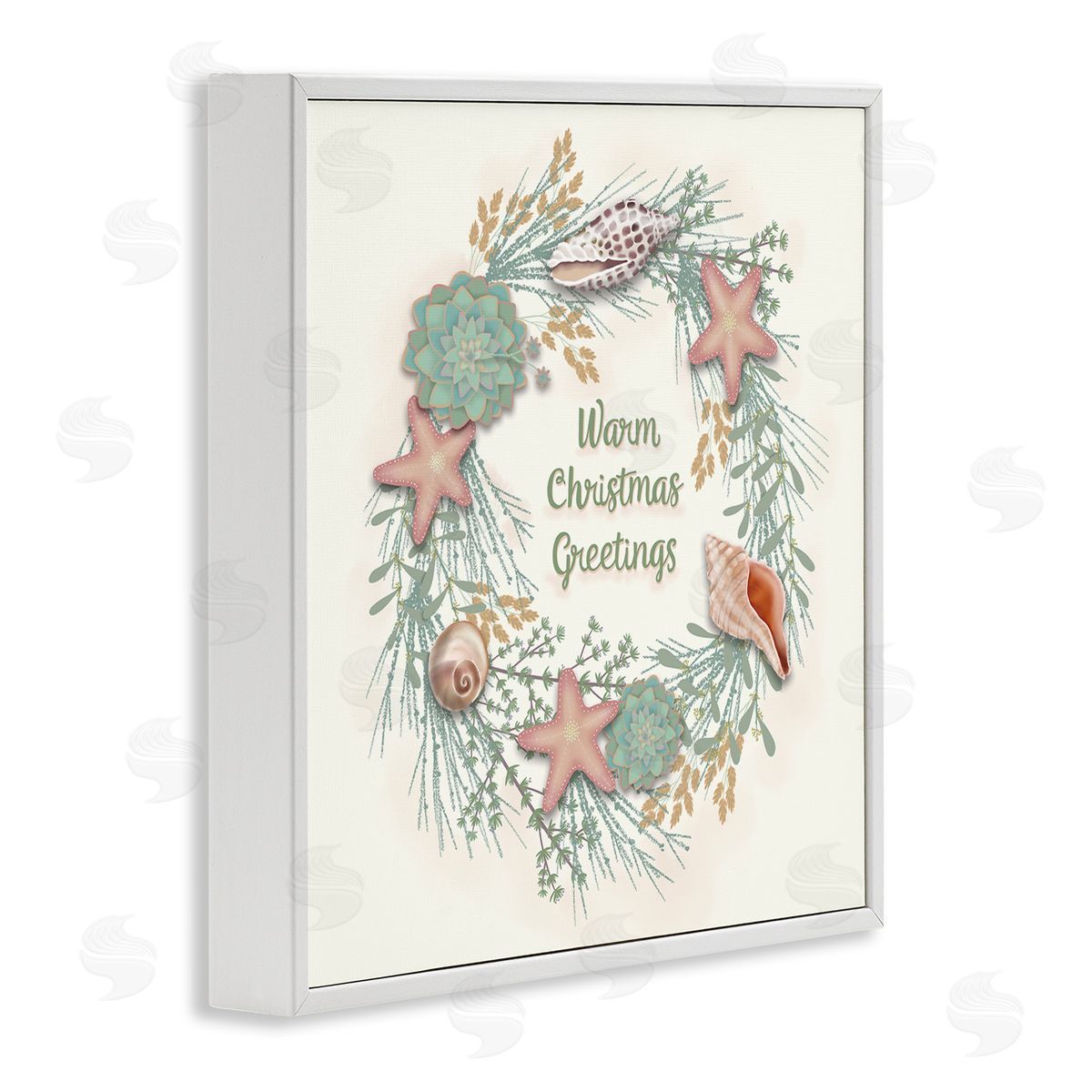 Darlene Seale Warm Christmas Greetings Beach Shells Themed Wreath White Framed Glicee Wall Art Print