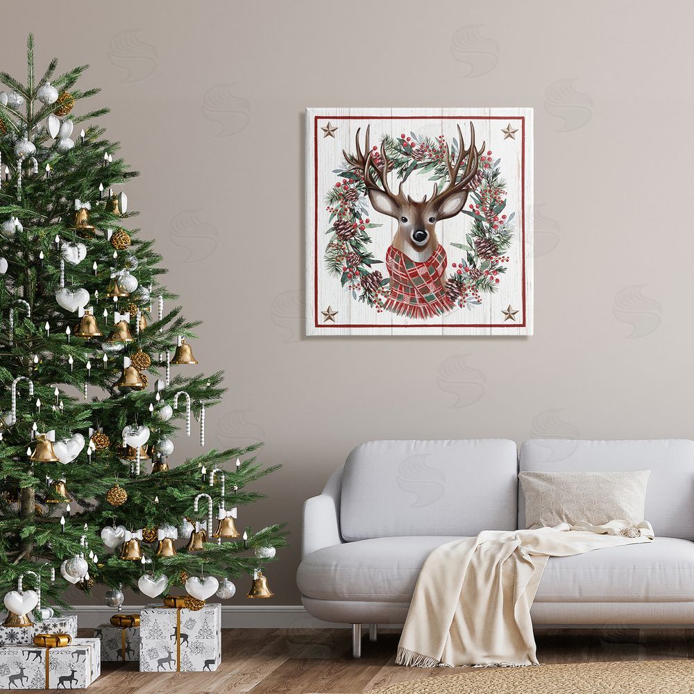 Elizabeth Tyndall Rustic Holly Pinecone Wreath Bordered Reindeer Scarf Canvas Wall Art in Room