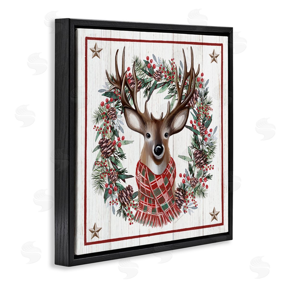 Elizabeth Tyndall Rustic Holly Pinecone Wreath Bordered Reindeer Scarf Black Floating Frame Canvas Wall Art Print