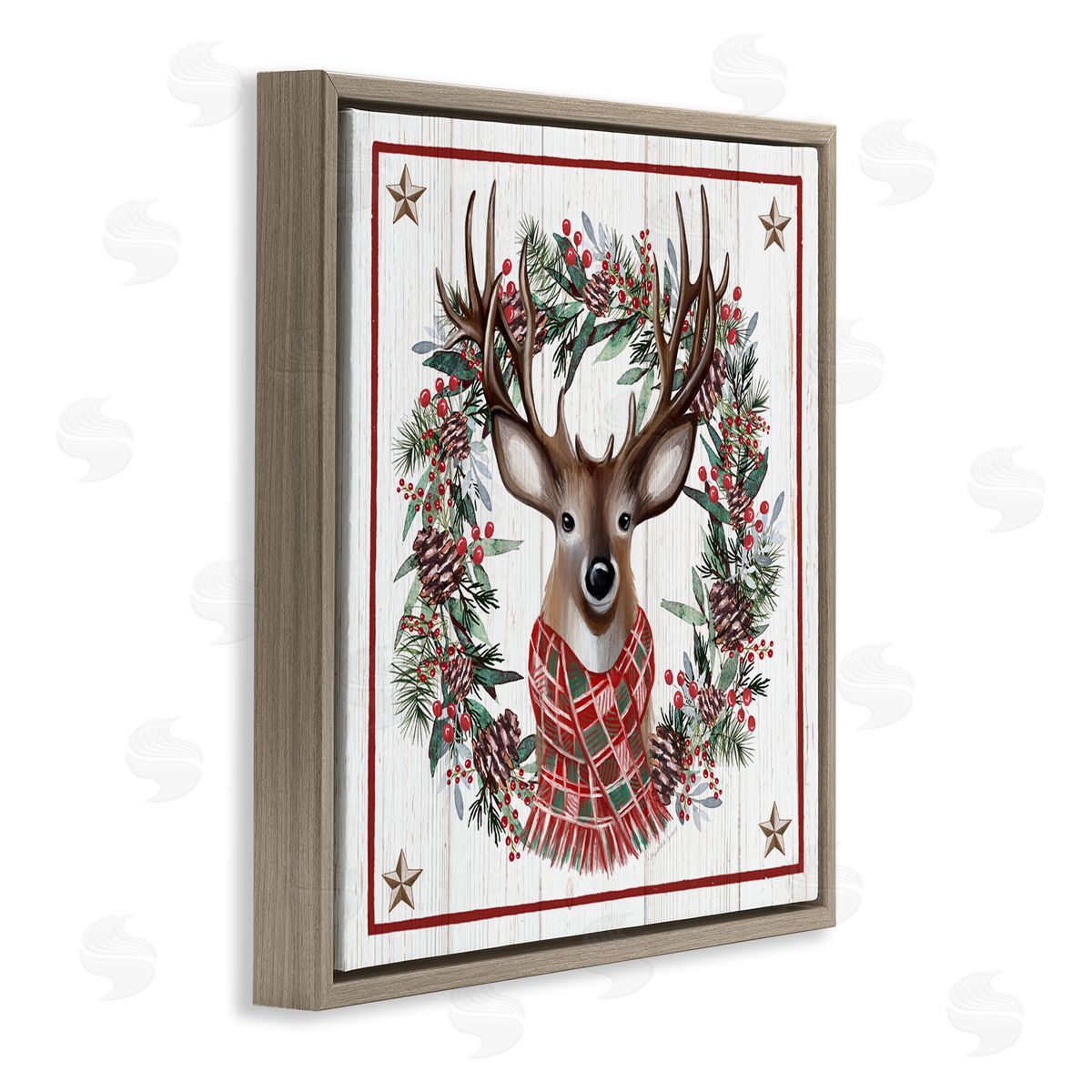 Elizabeth Tyndall Rustic Holly Pinecone Wreath Bordered Reindeer Scarf Brown Floating Frame Canvas Wall Art Print