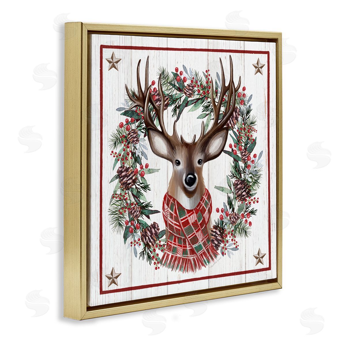 Elizabeth Tyndall Rustic Holly Pinecone Wreath Bordered Reindeer Scarf Gold Floating Frame Canvas Wall Art Print