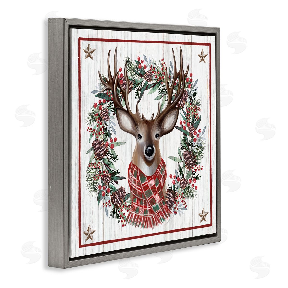 Elizabeth Tyndall Rustic Holly Pinecone Wreath Bordered Reindeer Scarf Gray Floating Frame Canvas Wall Art Print