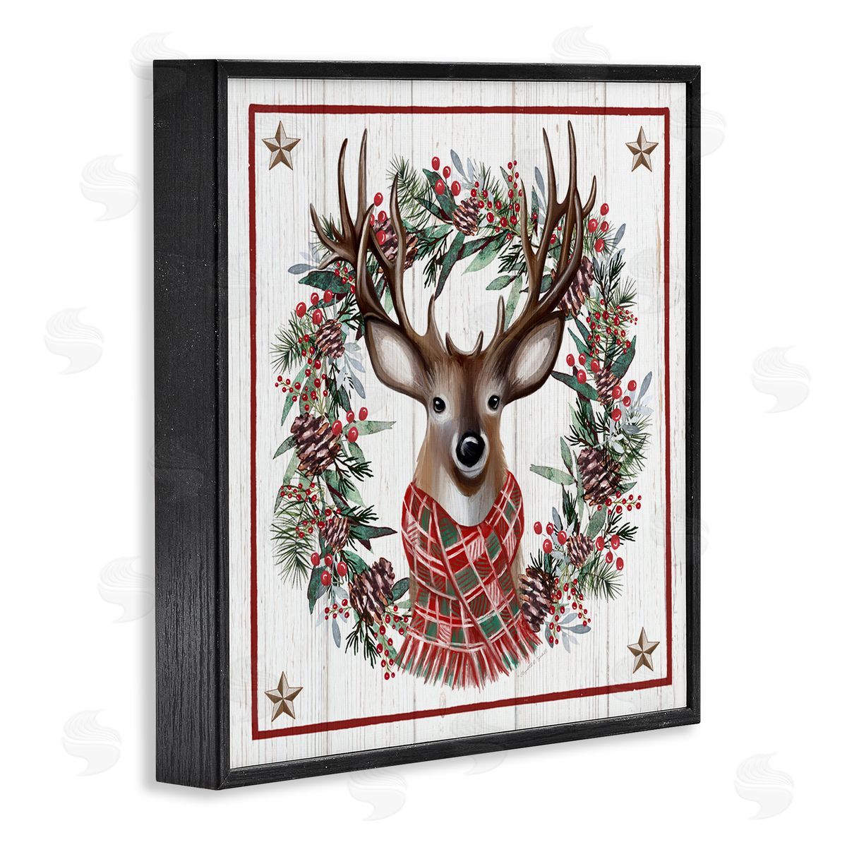 Elizabeth Tyndall Rustic Holly Pinecone Wreath Bordered Reindeer Scarf Black Framed Glicee Wall Art Print