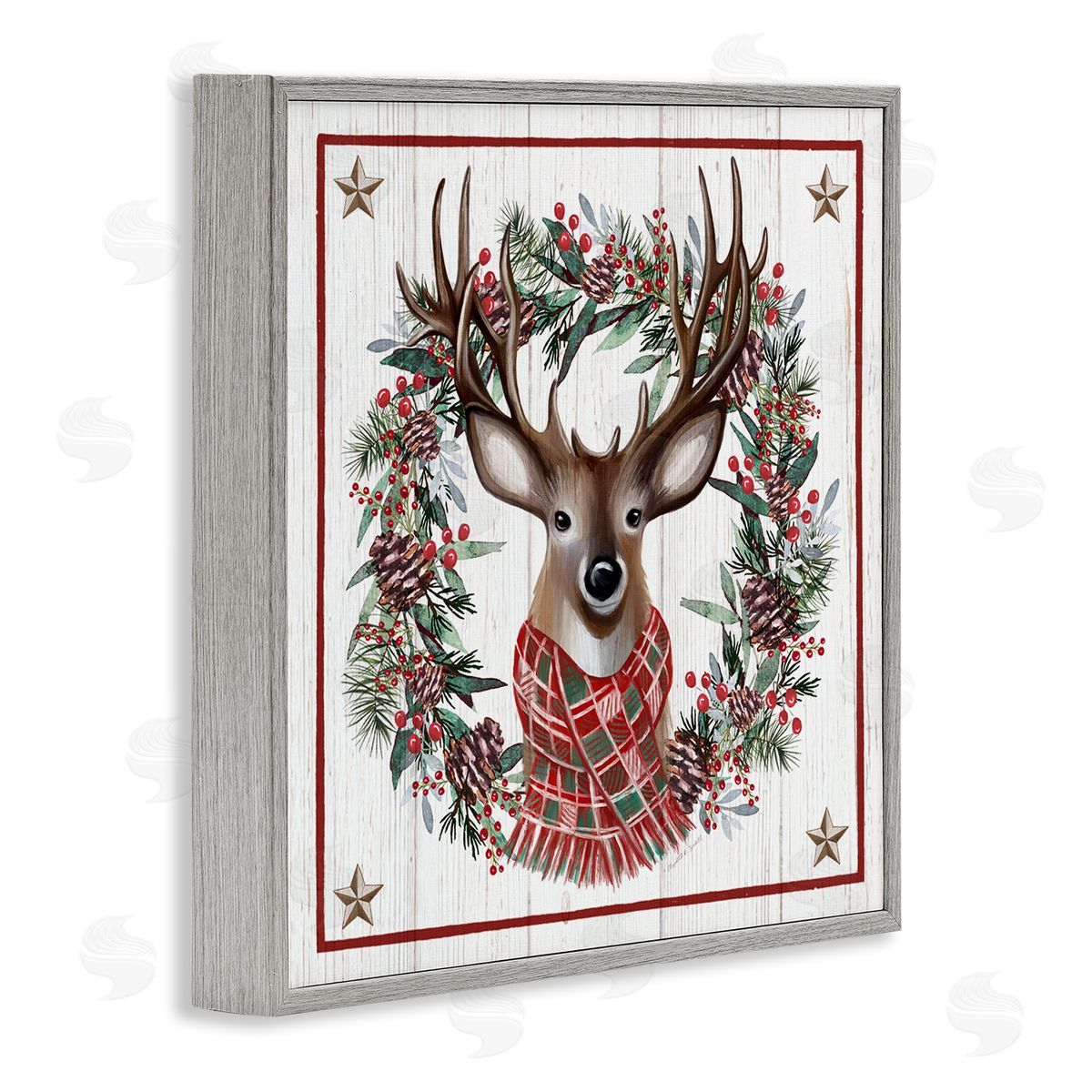 Elizabeth Tyndall Rustic Holly Pinecone Wreath Bordered Reindeer Scarf Gray Framed Glicee Wall Art Print