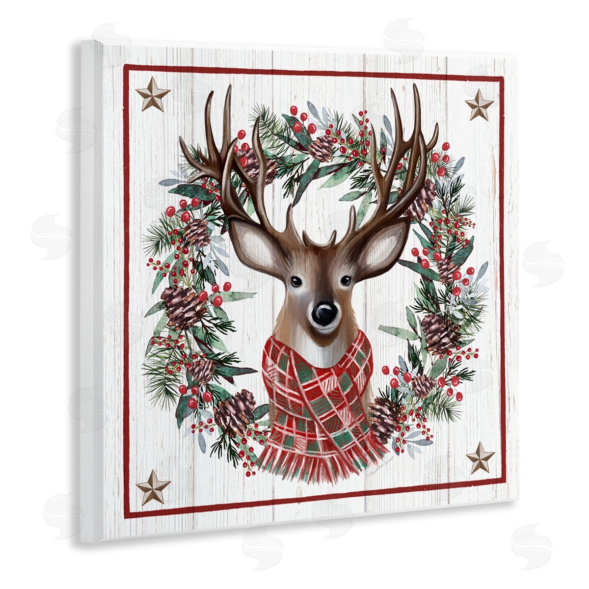 Elizabeth Tyndall Rustic Holly Pinecone Wreath Bordered Reindeer Scarf Wooden Wall Plaque Art Print