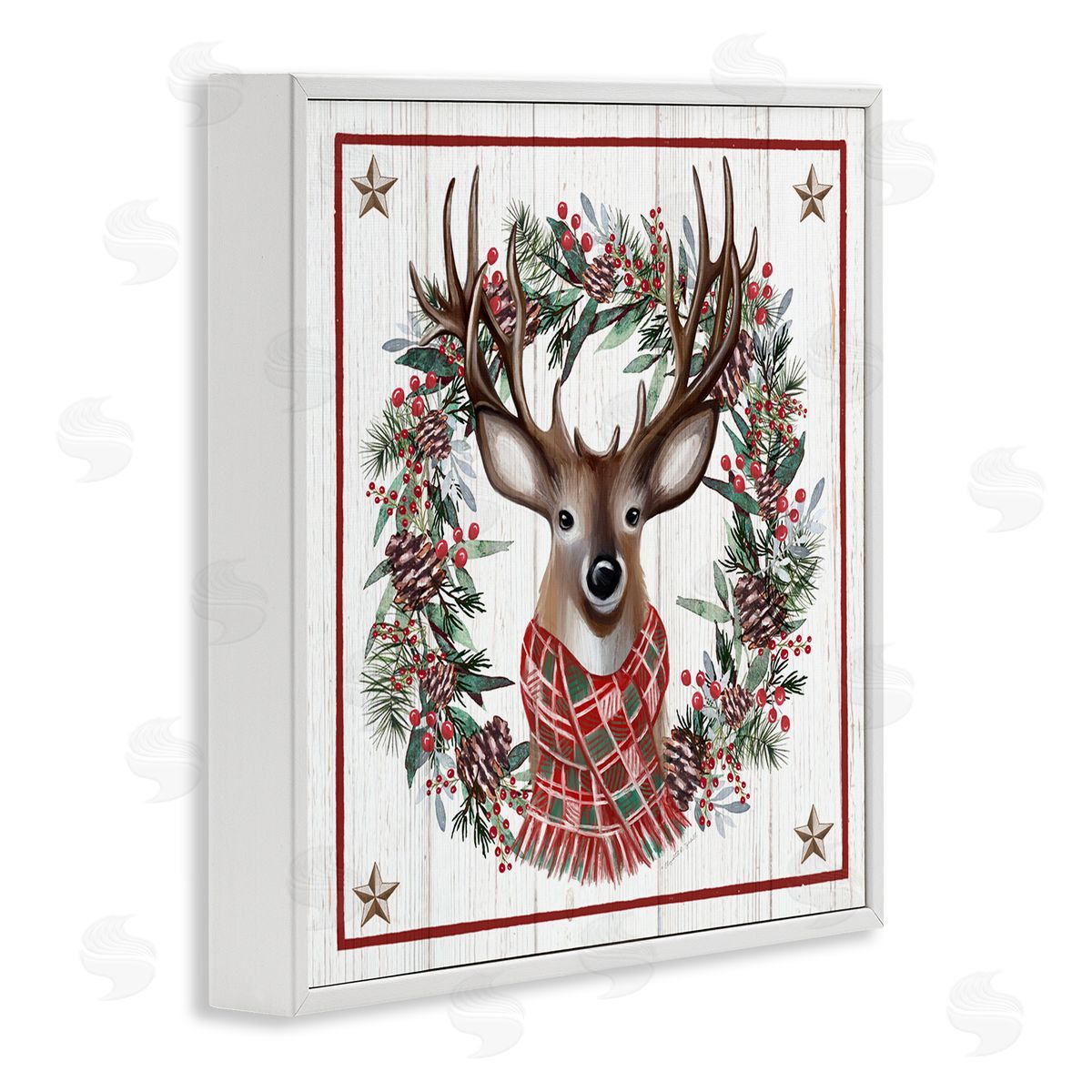 Elizabeth Tyndall Rustic Holly Pinecone Wreath Bordered Reindeer Scarf White Framed Glicee Wall Art Print