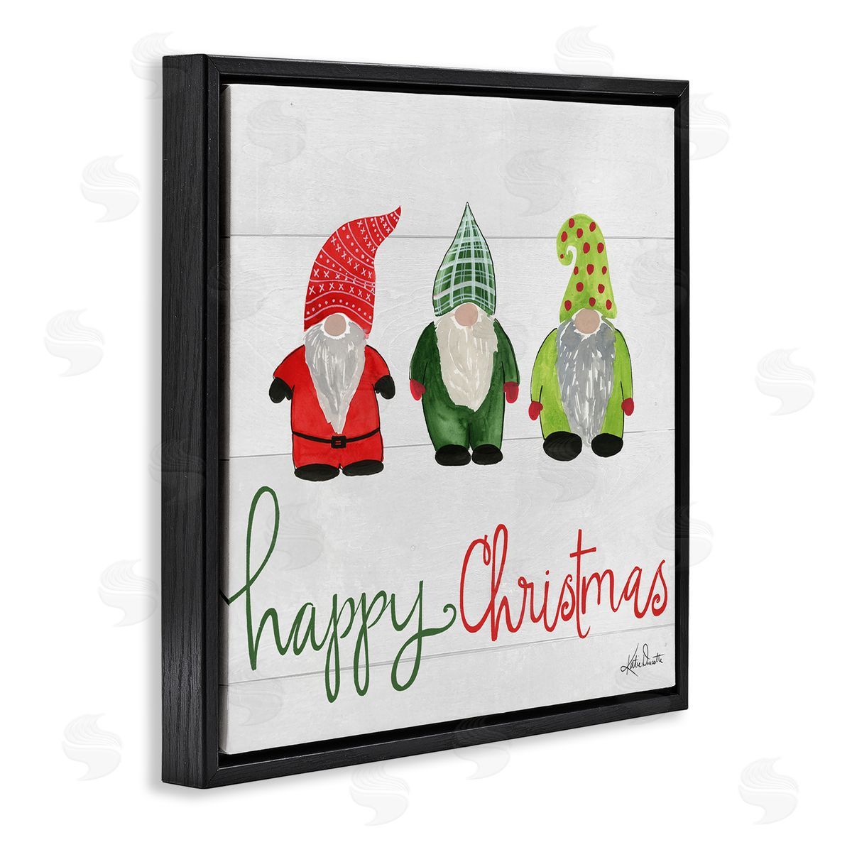 Katie Doucette Happy Christmas Jolly Holiday Gnomes Patterned Hats  Black Floating Frame Canvas Wall Art Print