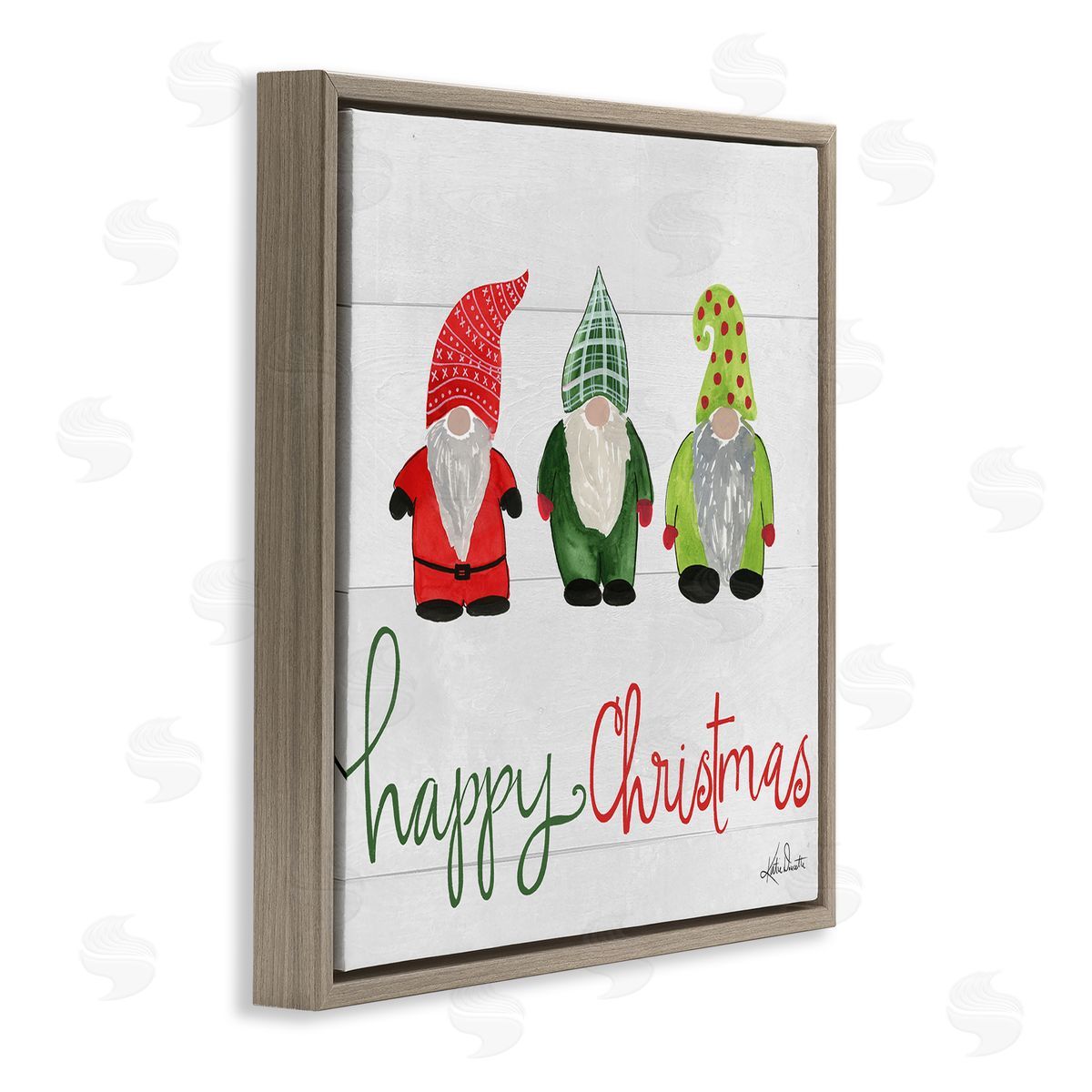 Katie Doucette Happy Christmas Jolly Holiday Gnomes Patterned Hats  Brown Floating Frame Canvas Wall Art Print