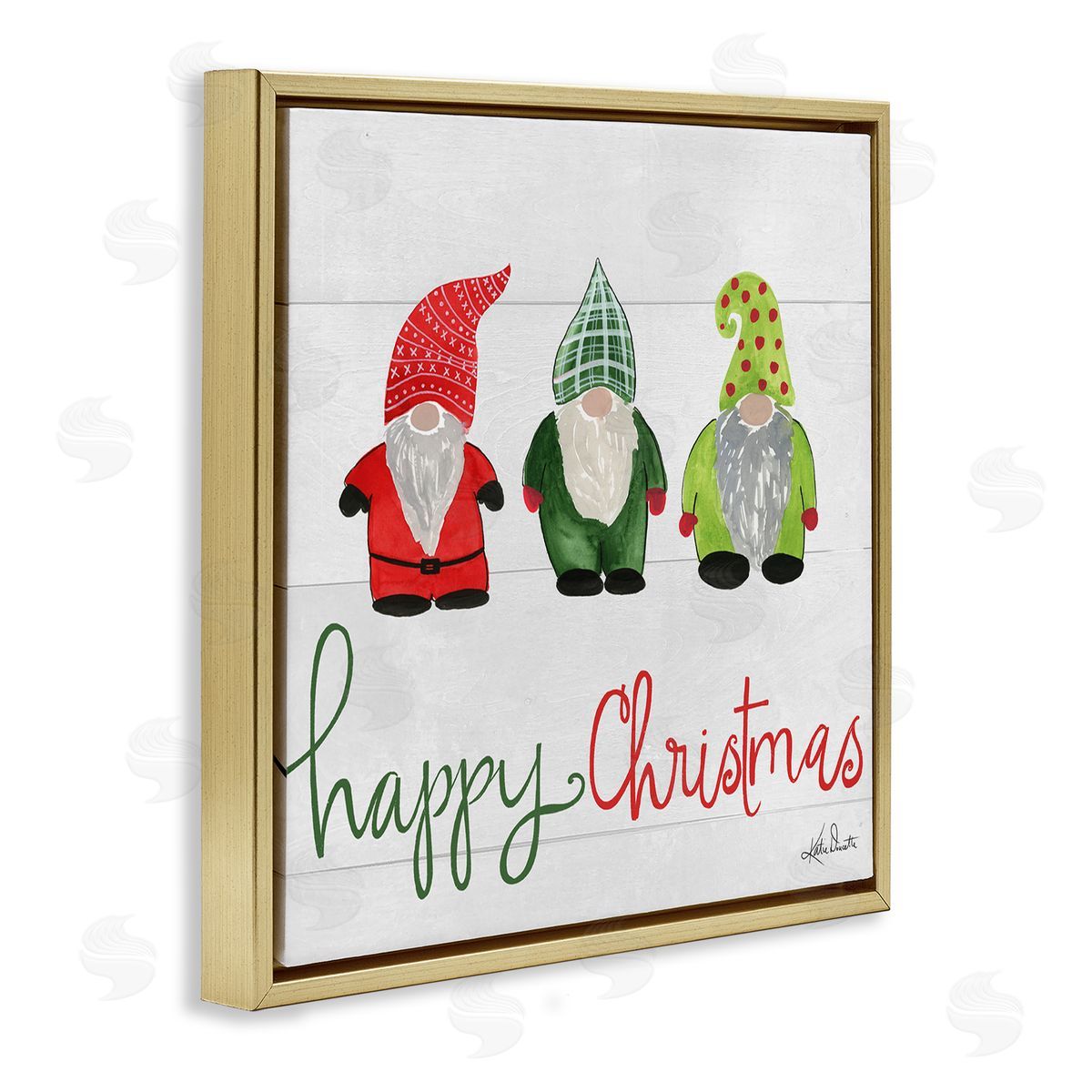 Katie Doucette Happy Christmas Jolly Holiday Gnomes Patterned Hats  Gold Floating Frame Canvas Wall Art Print