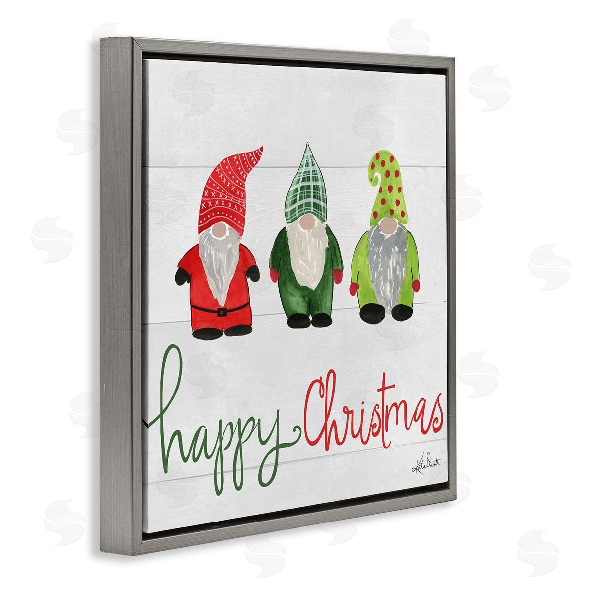 Katie Doucette Happy Christmas Jolly Holiday Gnomes Patterned Hats  Gray Floating Frame Canvas Wall Art Print
