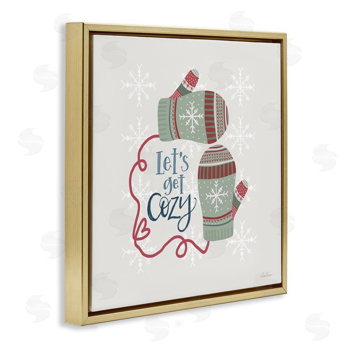 Lisa Larson Let's Get Cozy Winter Mittens Snowflake Pattern  Gold Floating Frame Canvas Wall Art Print