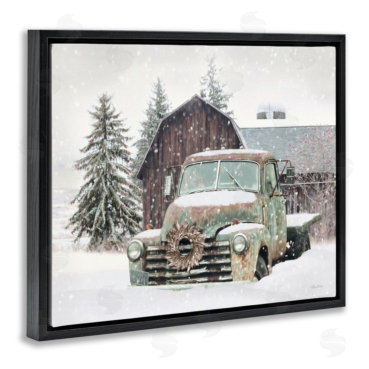 Winter Rural Vintage Truck & Barn Black Floating Frame Canvas Wall Art, Home Decor by Lori Deiter