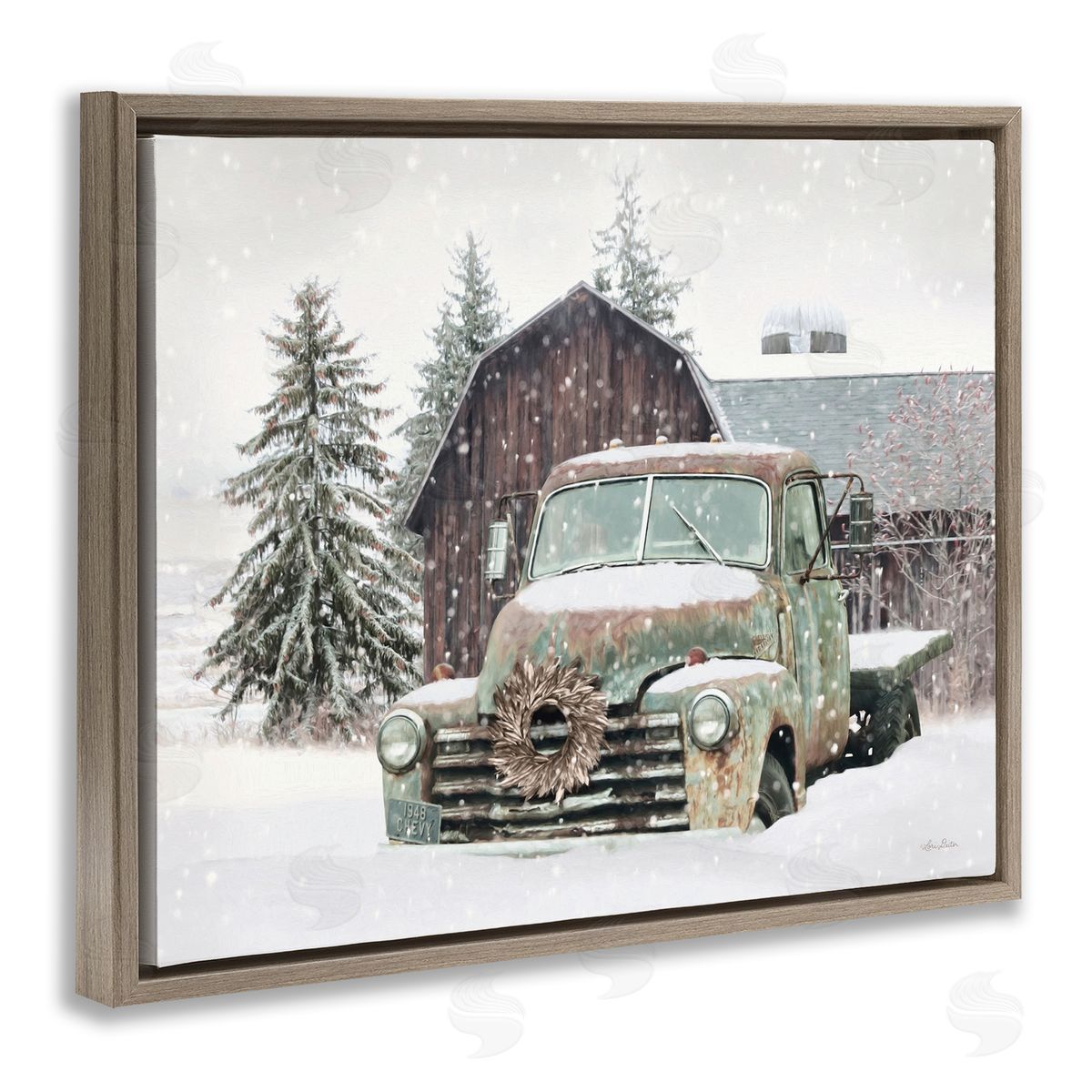 Winter Rural Vintage Truck & Barn Brown Floating Frame Canvas Wall Art, Home Decor by Lori Deiter