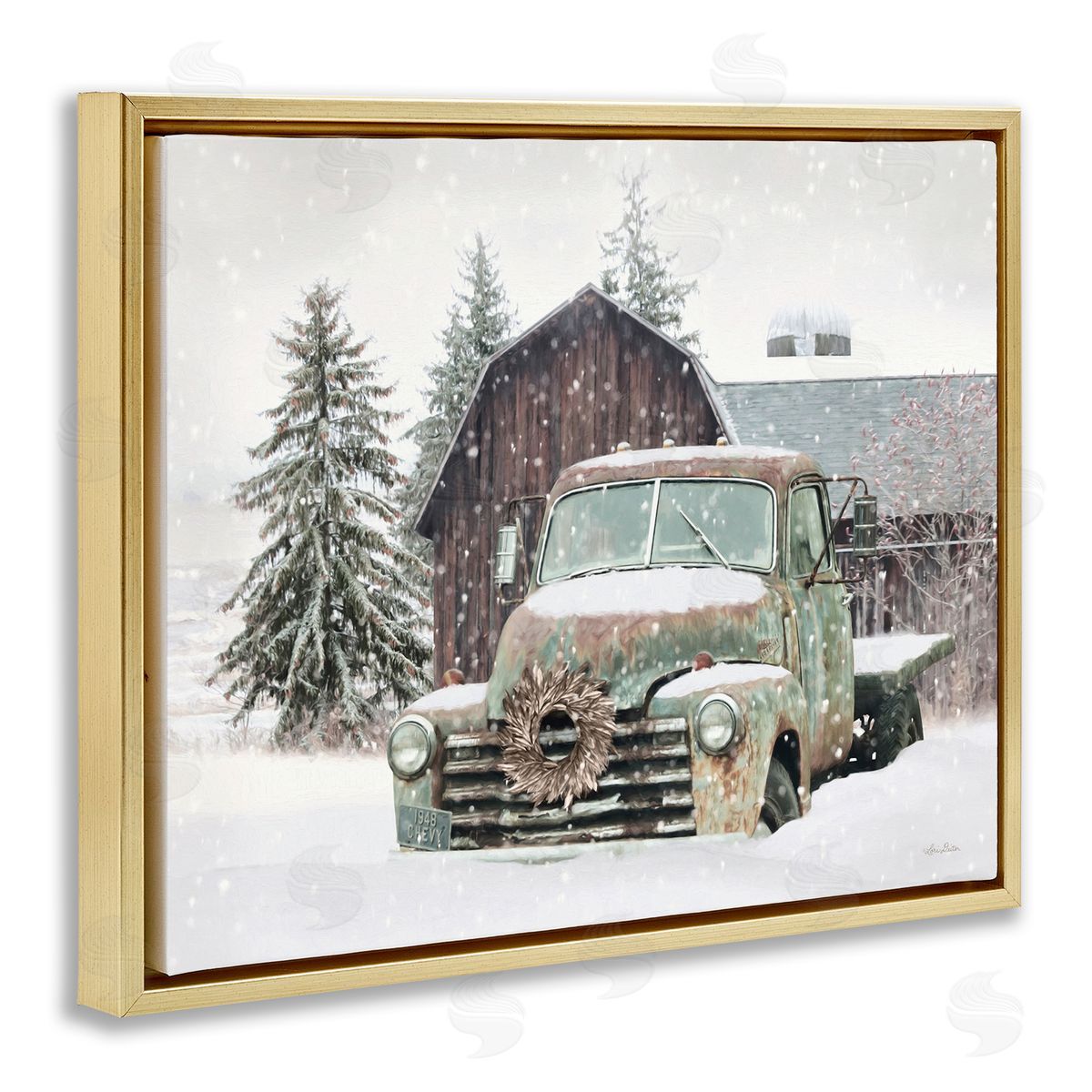 Winter Rural Vintage Truck & Barn Gold Floating Frame Canvas Wall Art, Home Decor by Lori Deiter