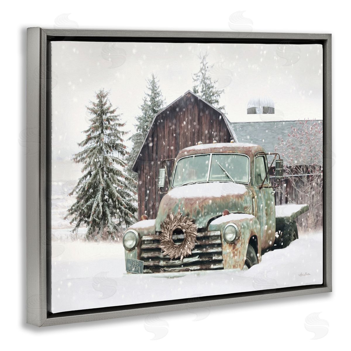Winter Rural Vintage Truck & Barn Grey Floating Frame Canvas Wall Art, Home Decor by Lori Deiter