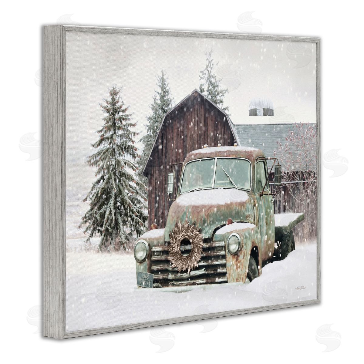 Winter Rural Vintage Truck & Barn Grey Frame Print Wall Art, Home Decor by Lori Deiter