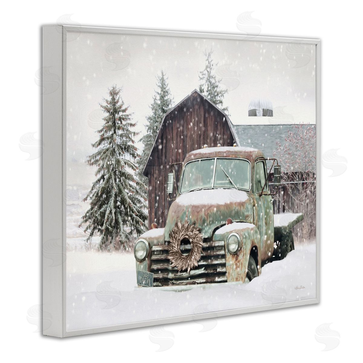 Winter Rural Vintage Truck & Barn White Frame Print Wall Art, Home Decor by Lori Deiter