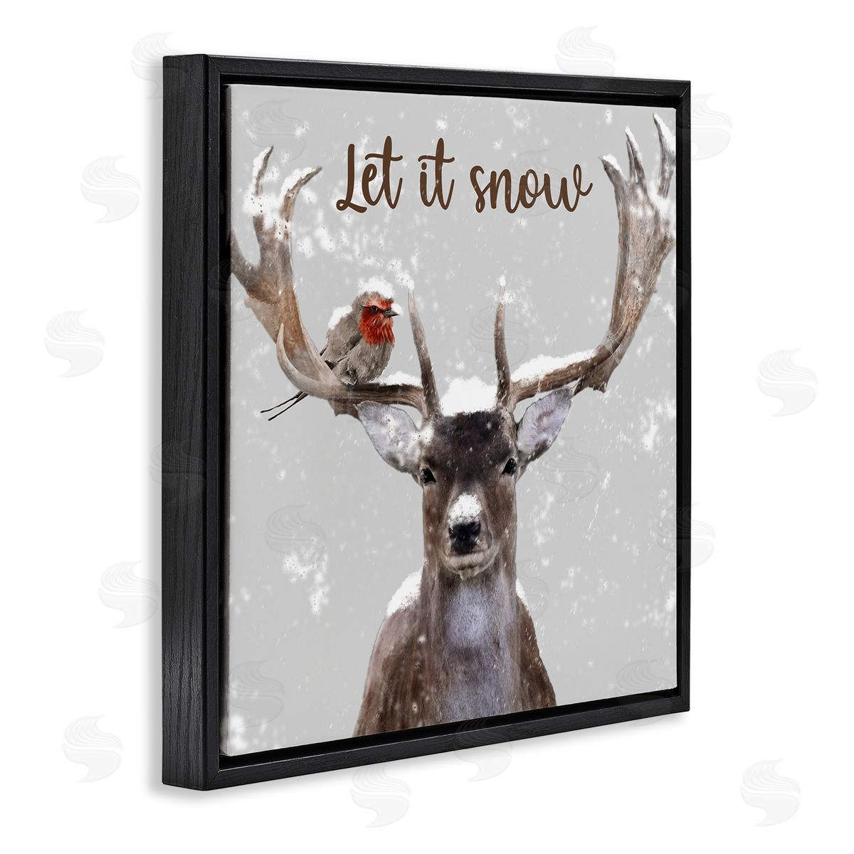 Marcus Prime Let It Snow Winter Bird Perched Deer Antlers  Black Floating Frame Canvas Wall Art Print