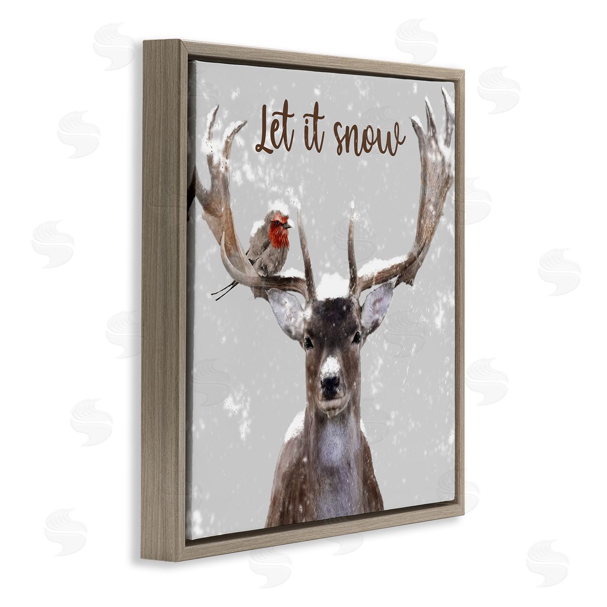 Marcus Prime Let It Snow Winter Bird Perched Deer Antlers  Brown Floating Frame Canvas Wall Art Print