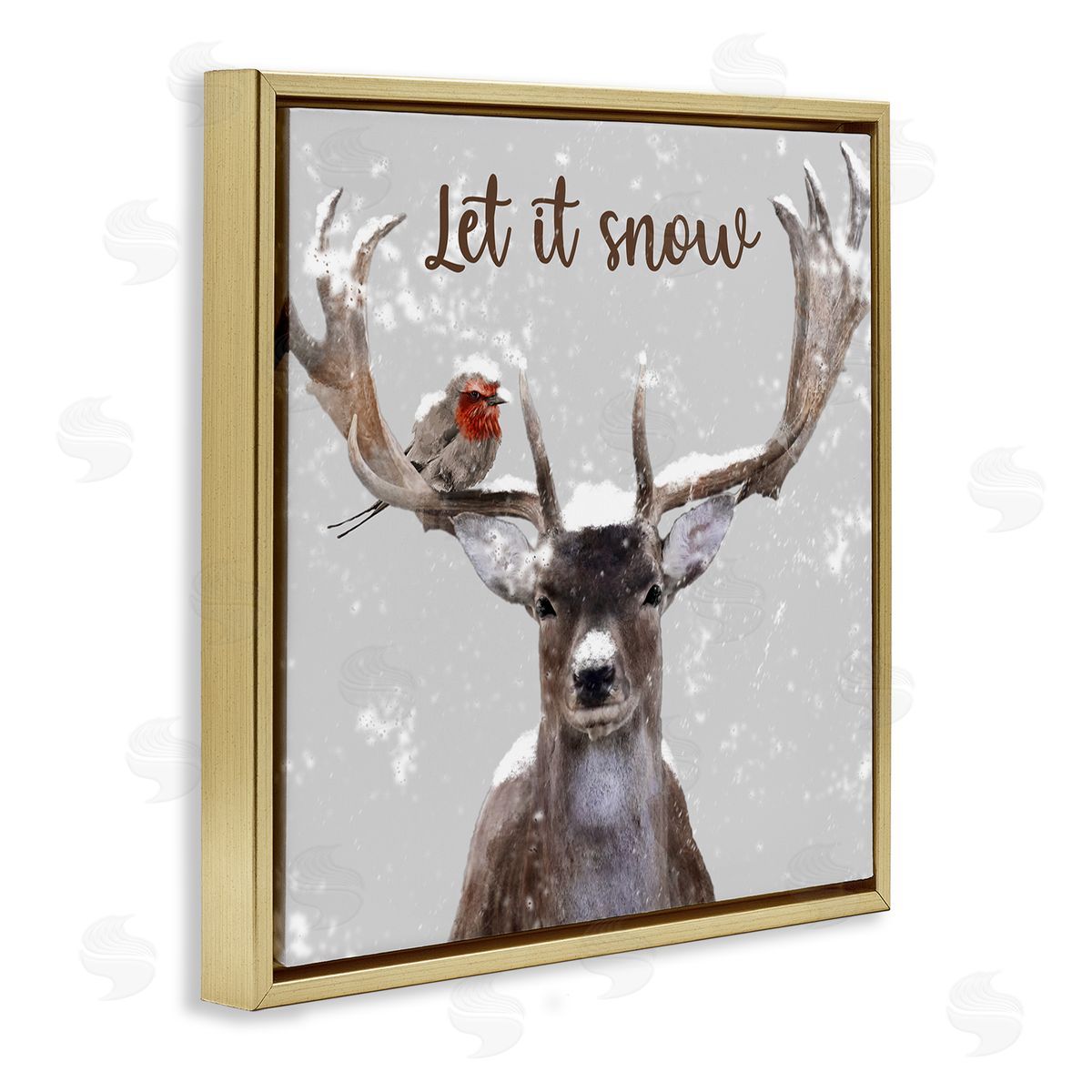 Marcus Prime Let It Snow Winter Bird Perched Deer Antlers  Gold Floating Frame Canvas Wall Art Print