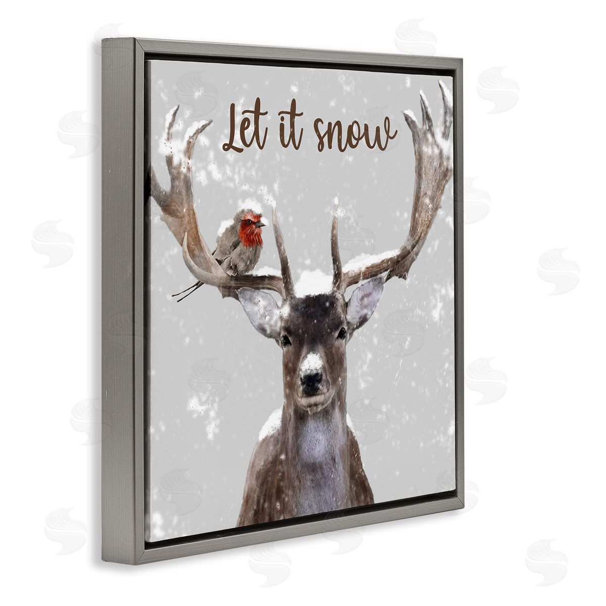 Marcus Prime Let It Snow Winter Bird Perched Deer Antlers  Gray Floating Frame Canvas Wall Art Print