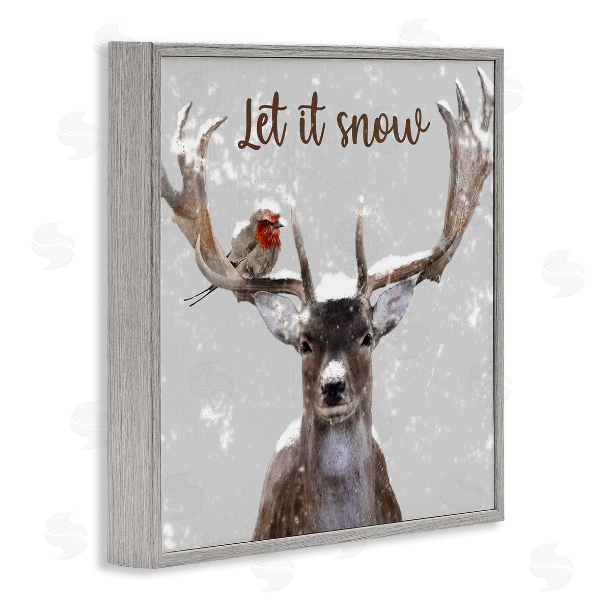 Marcus Prime Let It Snow Winter Bird Perched Deer Antlers  Gray Framed Glicee Wall Art Print