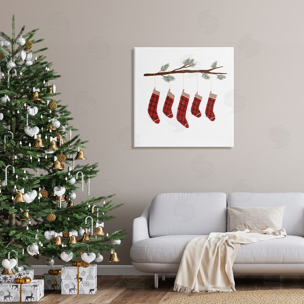 Rachel Nieman Cozy Hanging Tartan Stockings Winter Tree Branch Canvas Wall Art in Room