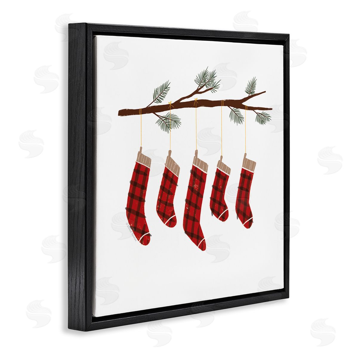 Rachel Nieman Cozy Hanging Tartan Stockings Winter Tree Branch Black Floating Frame Canvas Wall Art Print