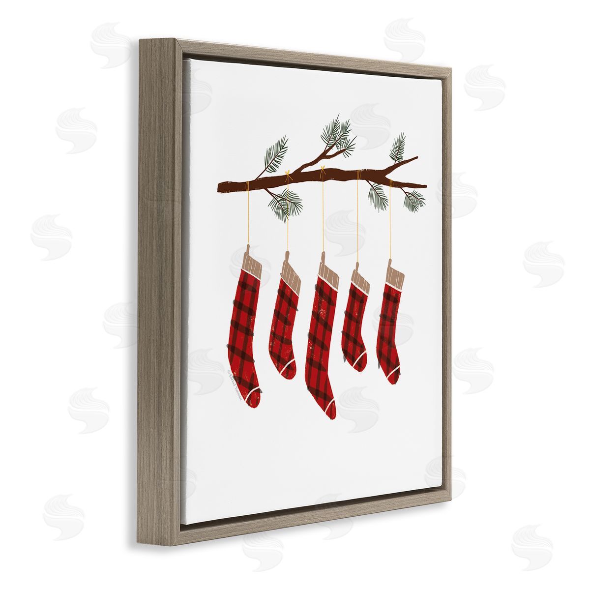 Rachel Nieman Cozy Hanging Tartan Stockings Winter Tree Branch Brown Floating Frame Canvas Wall Art Print