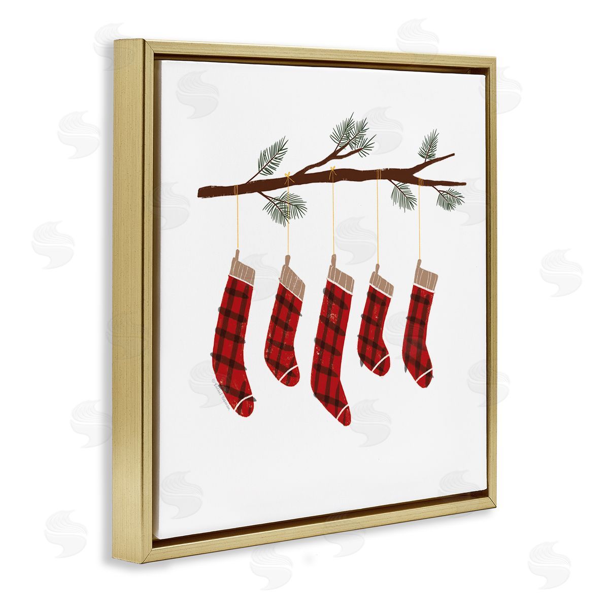Rachel Nieman Cozy Hanging Tartan Stockings Winter Tree Branch Gold Floating Frame Canvas Wall Art Print