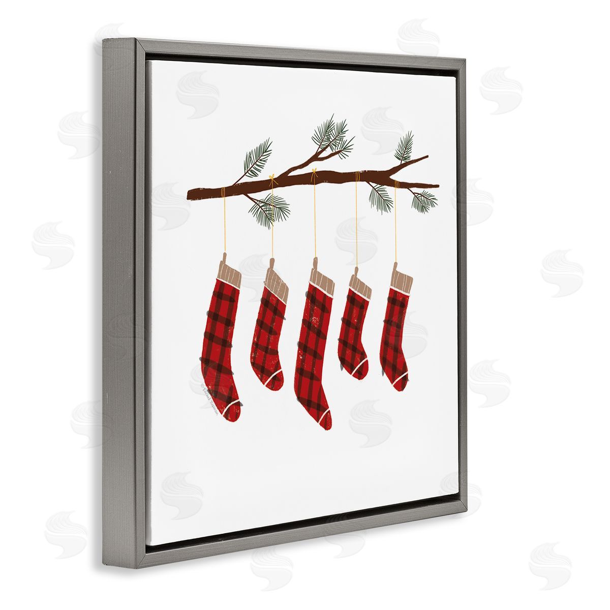 Rachel Nieman Cozy Hanging Tartan Stockings Winter Tree Branch Gray Floating Frame Canvas Wall Art Print