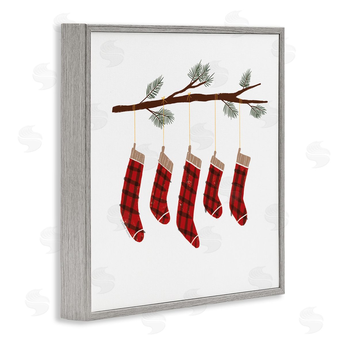 Rachel Nieman Cozy Hanging Tartan Stockings Winter Tree Branch Gray Framed Glicee Wall Art Print