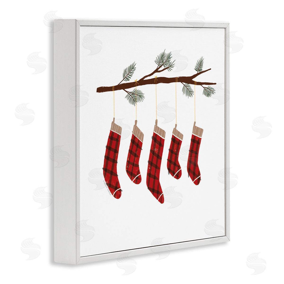 Rachel Nieman Cozy Hanging Tartan Stockings Winter Tree Branch White Framed Glicee Wall Art Print