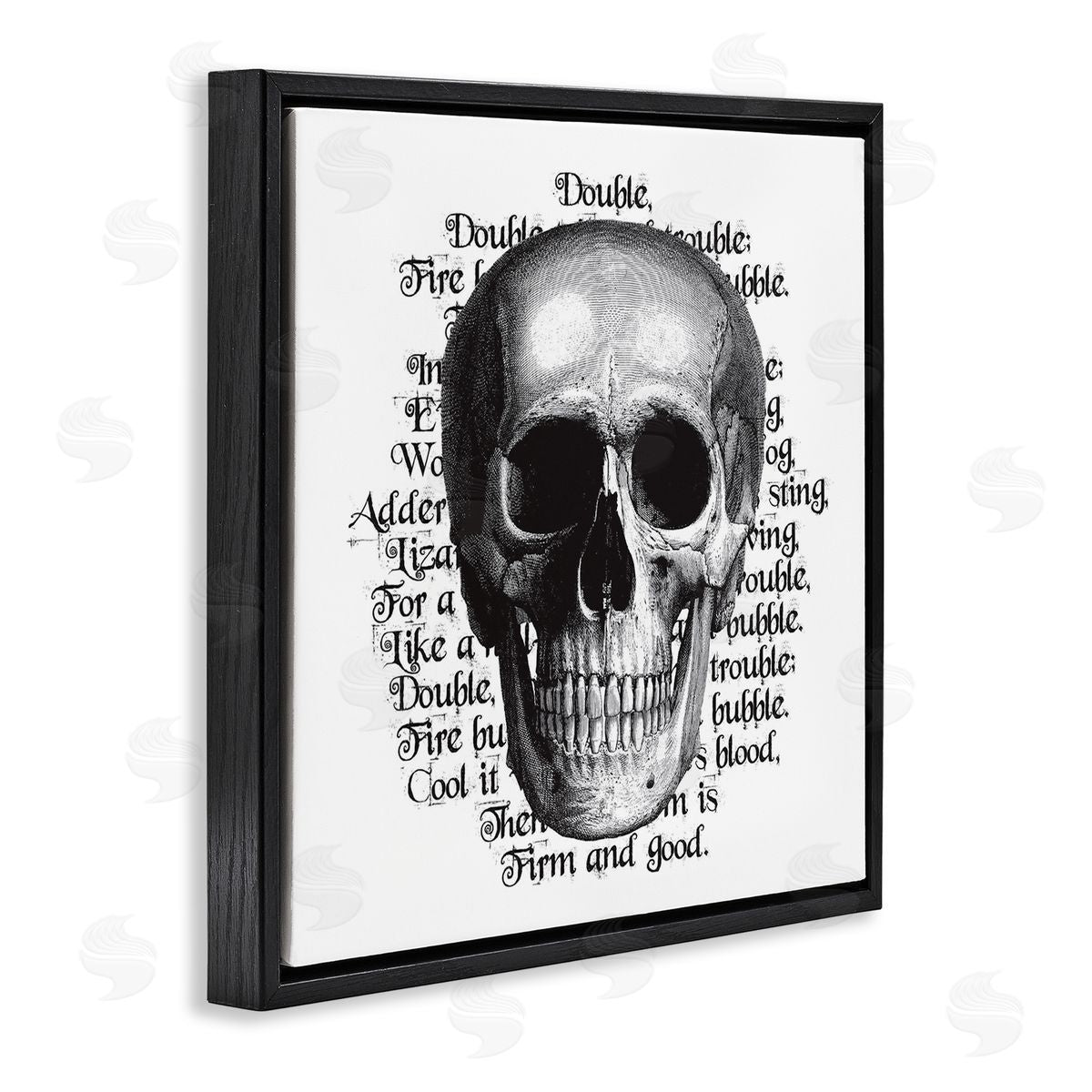 Lettered and Lined Spooky Skull Layered Vintage Script Hex Text Black Floating Frame Canvas Wall Art Print