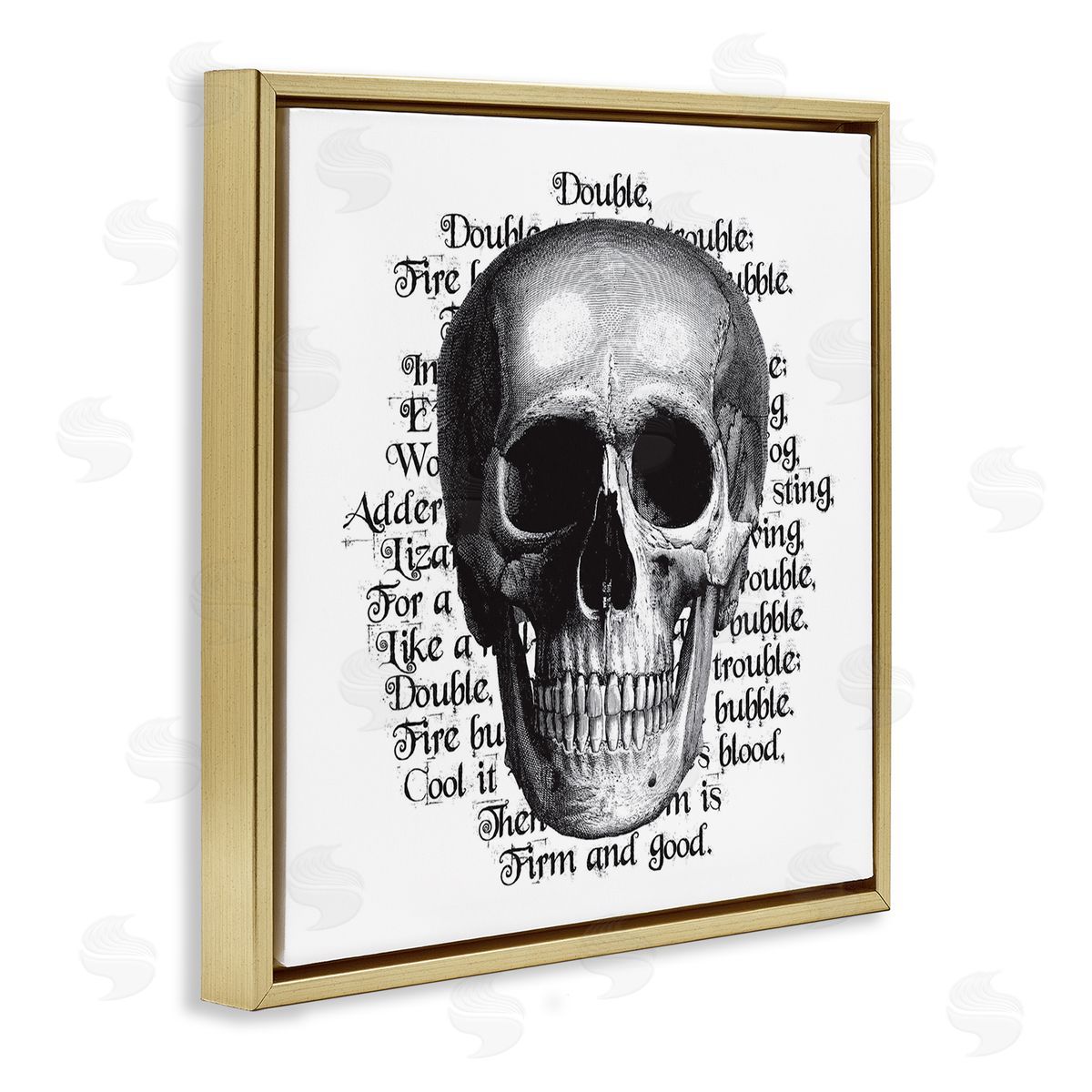 Lettered and Lined Spooky Skull Layered Vintage Script Hex Text Gold Floating Frame Canvas Wall Art Print