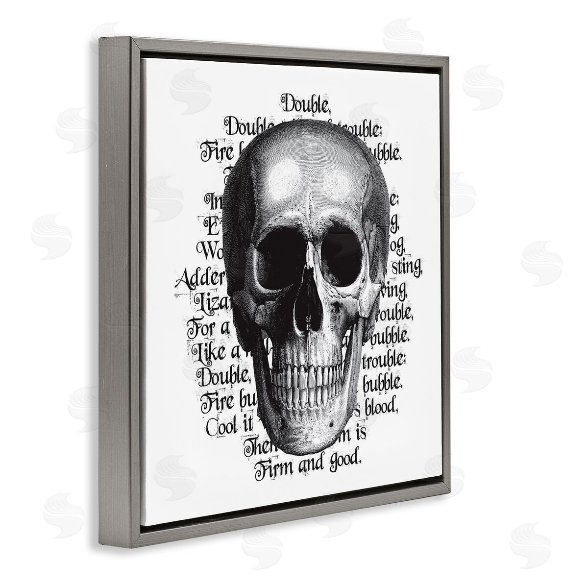Lettered and Lined Spooky Skull Layered Vintage Script Hex Text Gray Floating Frame Canvas Wall Art Print