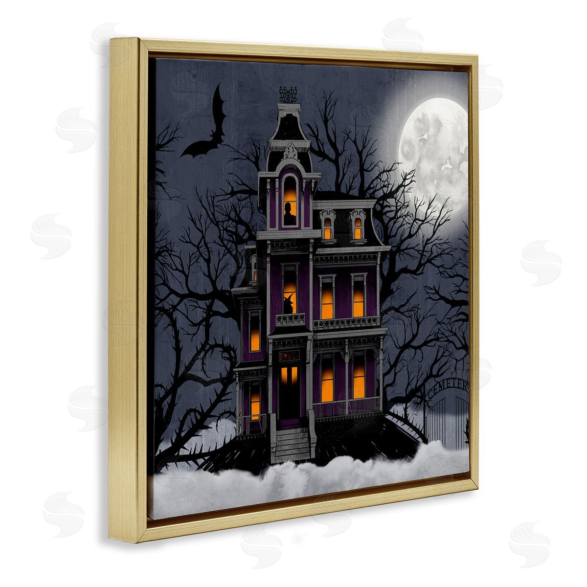 Creepy Haunted Halloween House Gold Floating Frame Canvas Wall Art, Home Decor by Grace Popp
