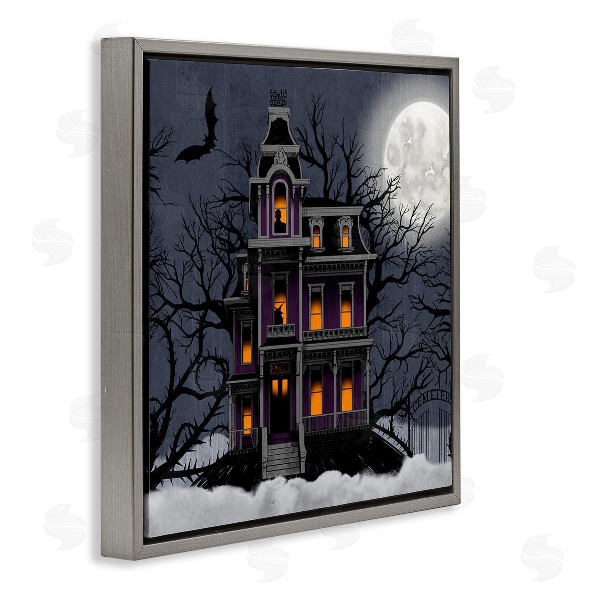 Creepy Haunted Halloween House Grey Floating Frame Canvas Wall Art, Home Decor by Grace Popp