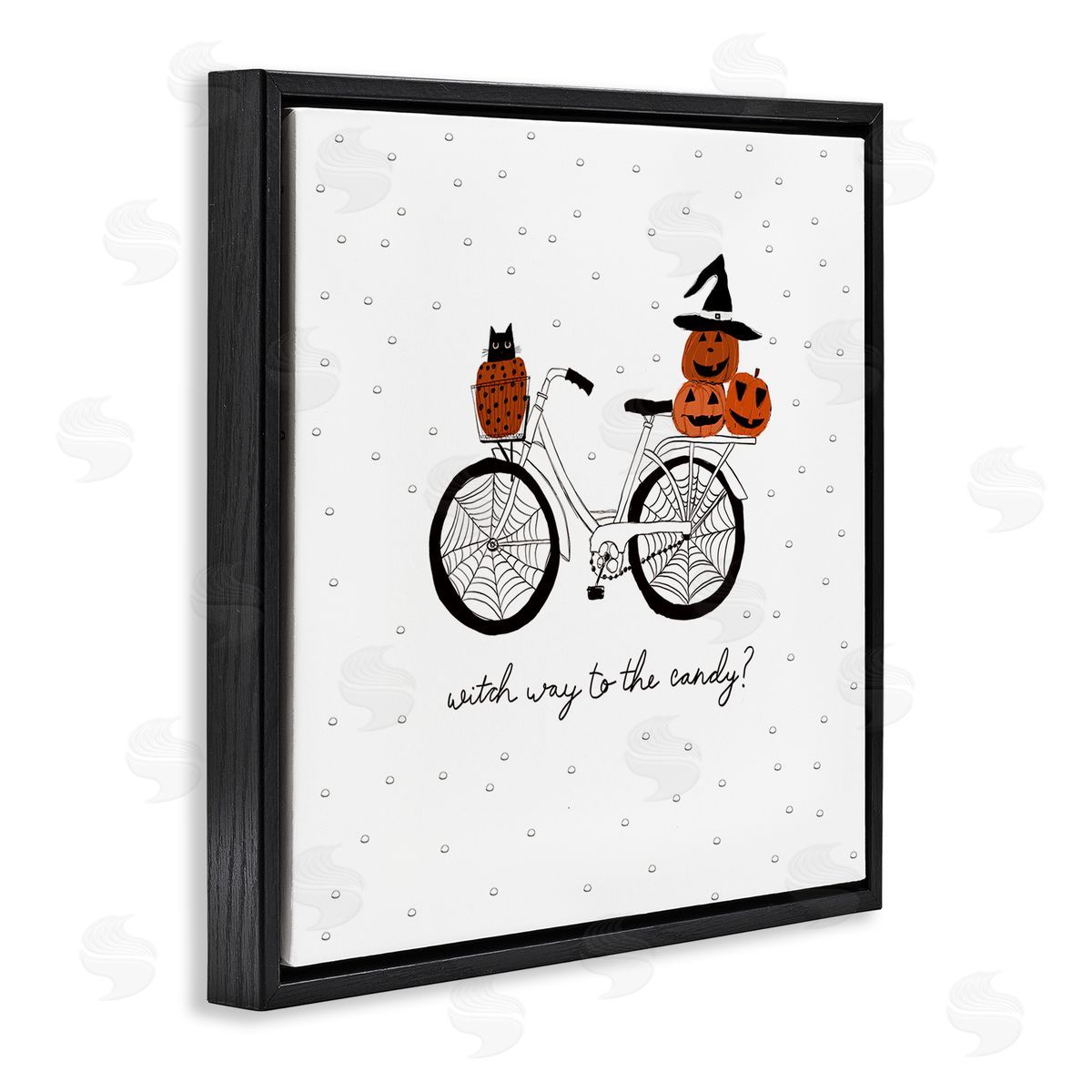 Amylee Weeks Halloween Witty Calligraphy Patterned Pumpkins Cat Bicycle  Black Floating Frame Canvas Wall Art Print