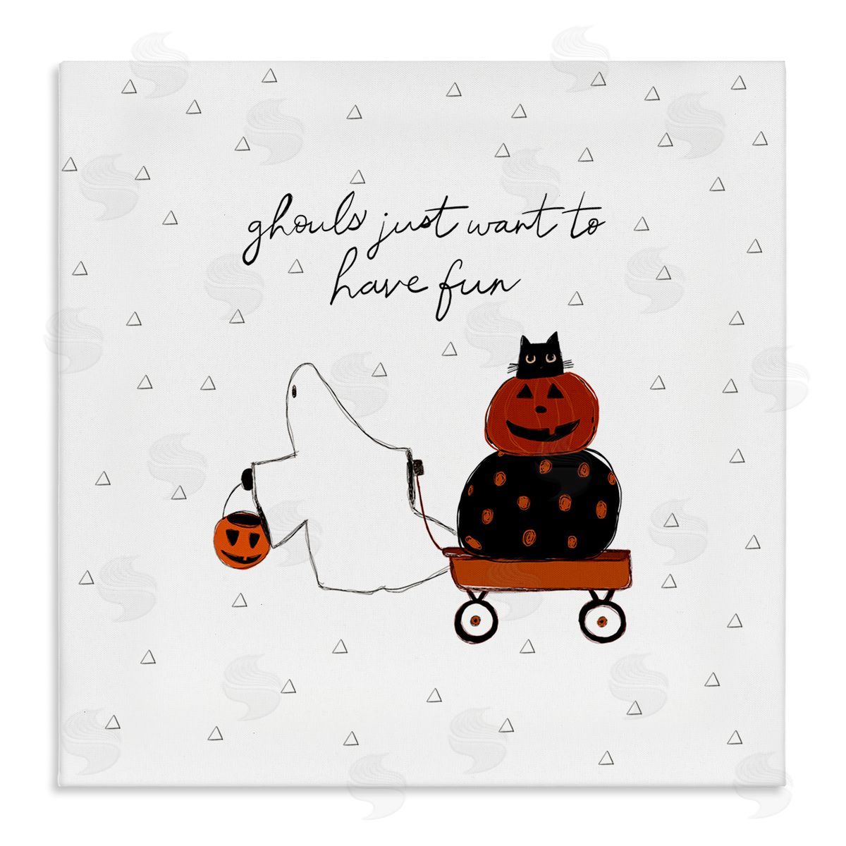 Amylee Weeks Playful Ghost Script Quote Pumpkins Cat In Wagon Stretched Canvas Wall Art Print