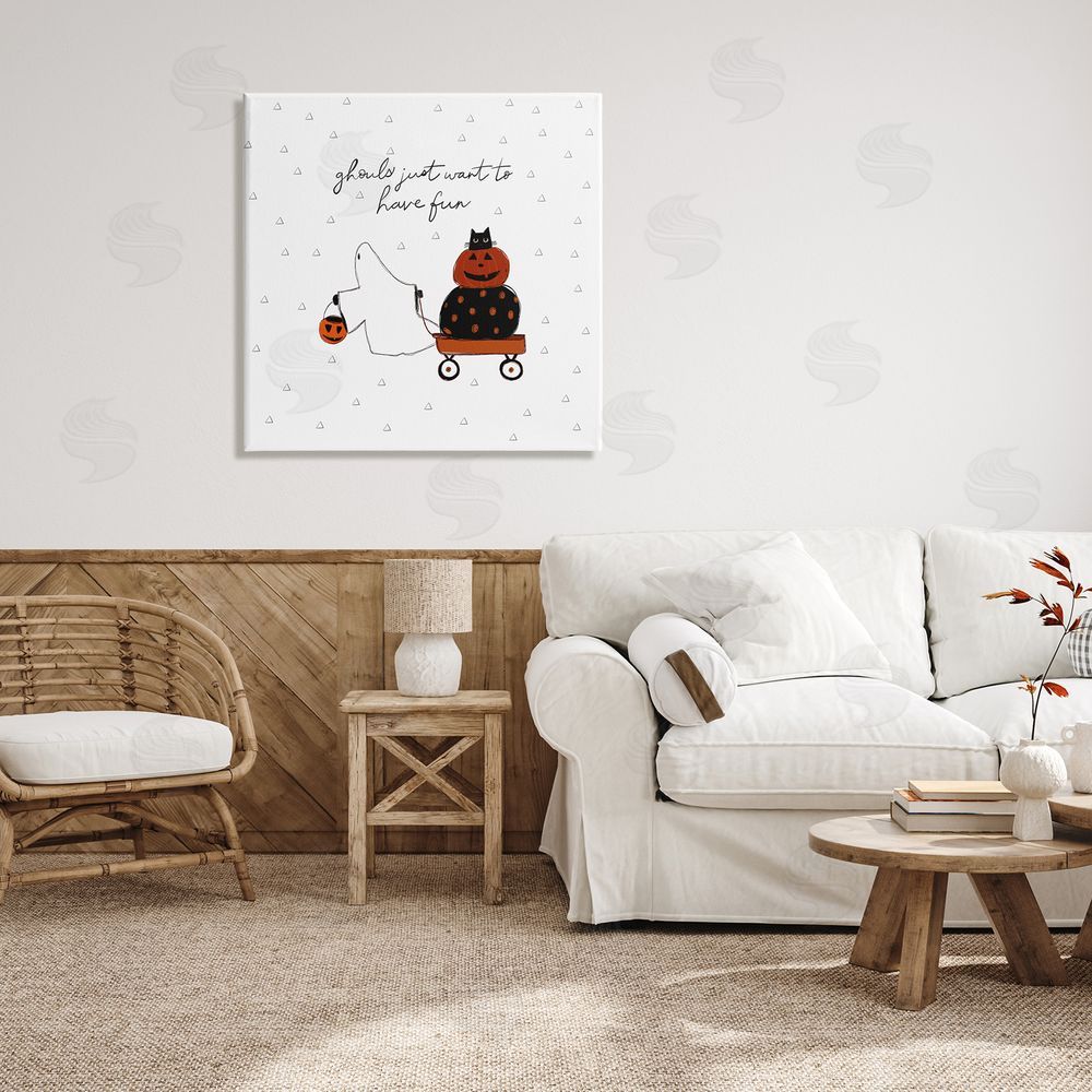 Amylee Weeks Playful Ghost Script Quote Pumpkins Cat In Wagon Canvas Wall Art in Room