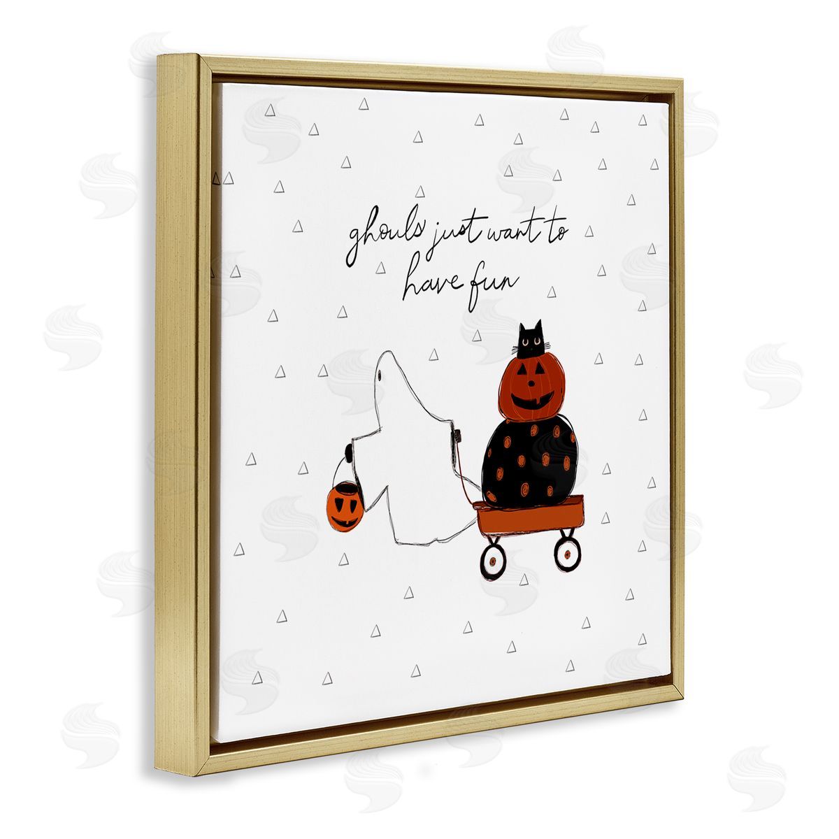 Amylee Weeks Playful Ghost Script Quote Pumpkins Cat In Wagon Gold Floating Frame Canvas Wall Art Print