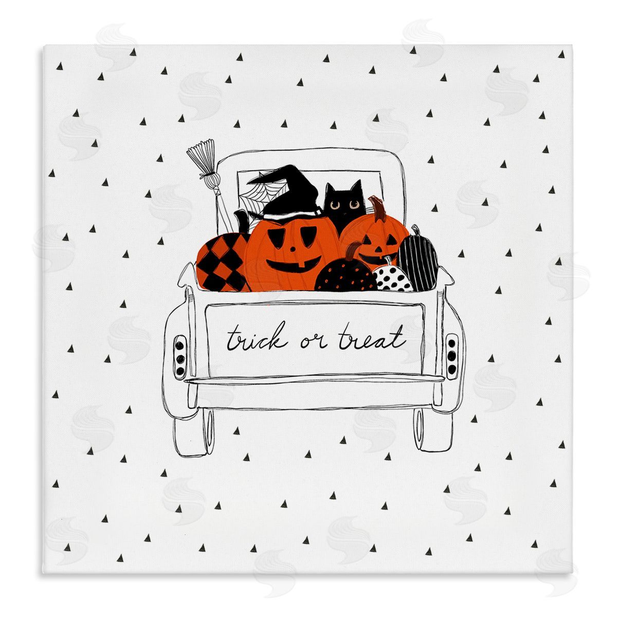 Amylee Weeks Trick Or Treat Truck Pumpkins Doodle Style Drawing Stretched Canvas Wall Art Print