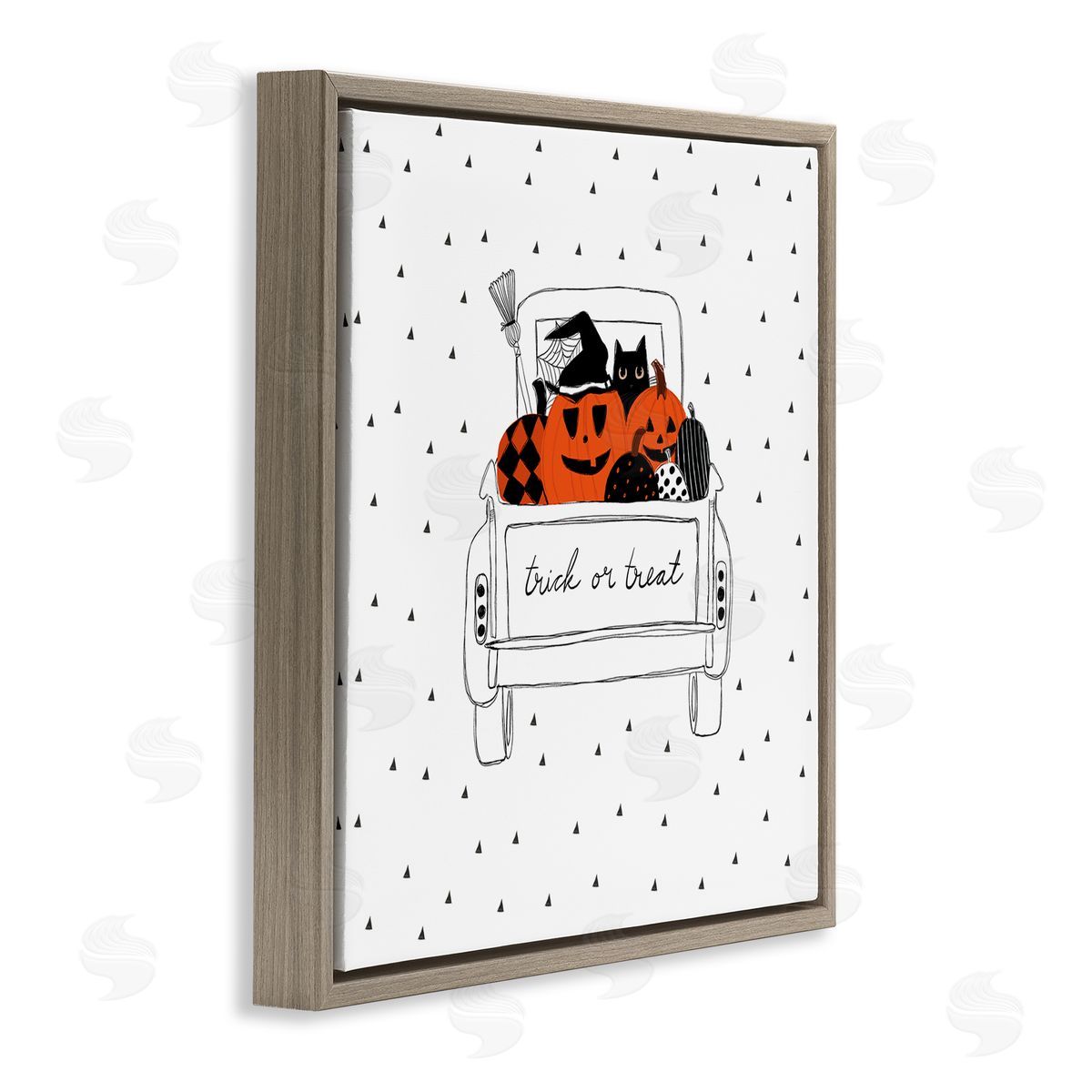 Amylee Weeks Trick Or Treat Truck Pumpkins Doodle Style Drawing Brown Floating Frame Canvas Wall Art Print