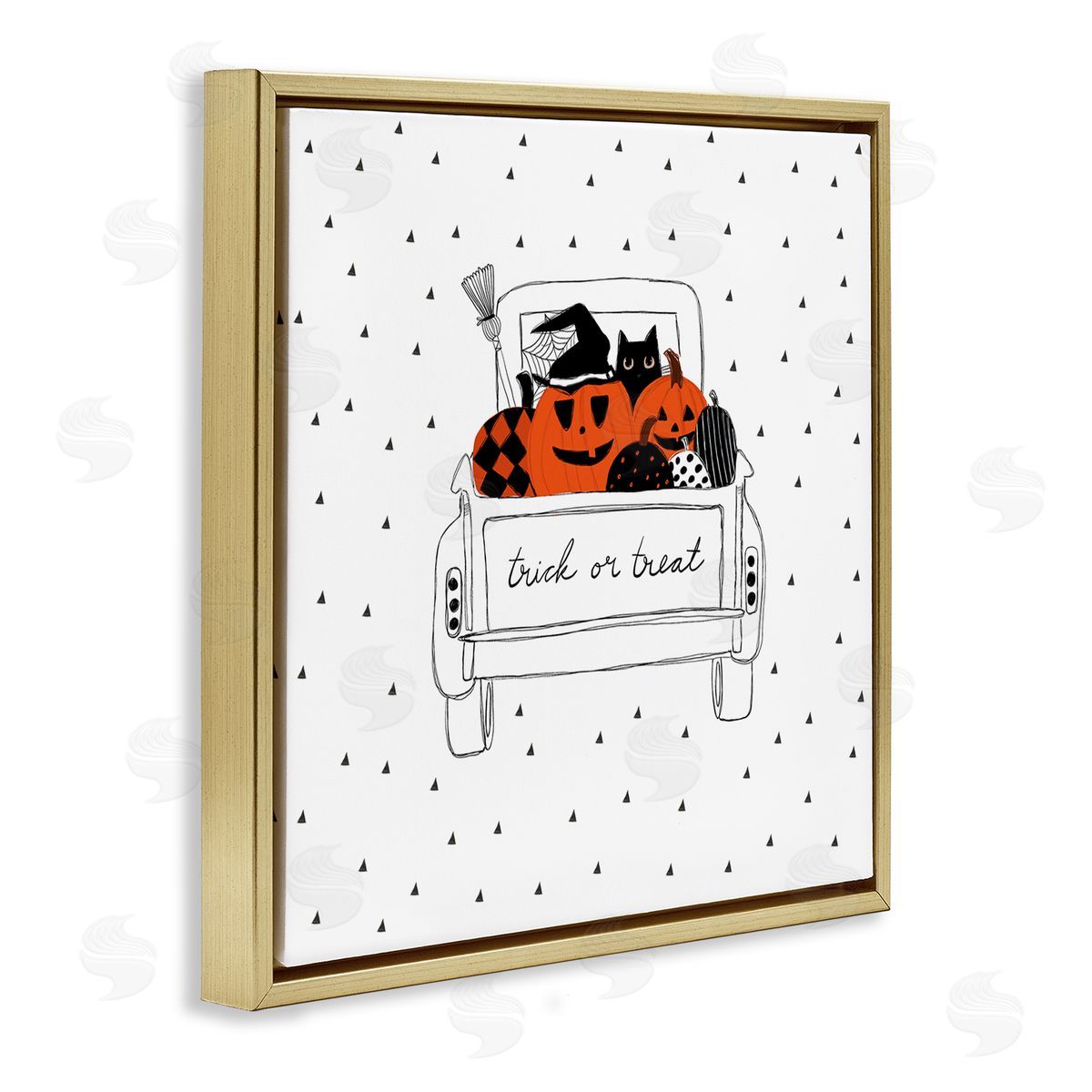 Amylee Weeks Trick Or Treat Truck Pumpkins Doodle Style Drawing Gold Floating Frame Canvas Wall Art Print