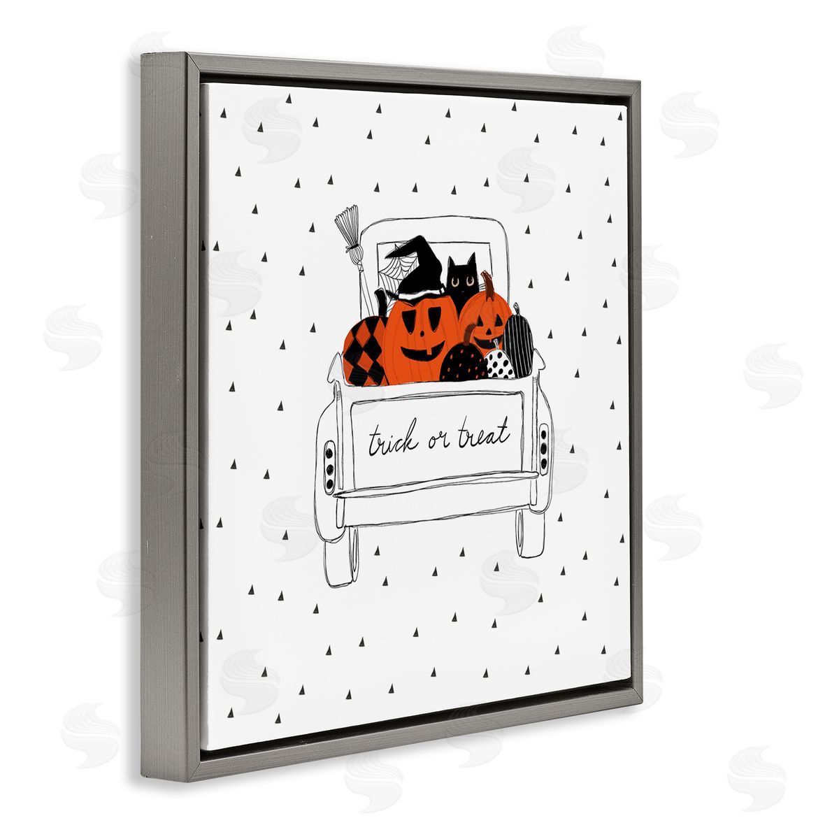 Amylee Weeks Trick Or Treat Truck Pumpkins Doodle Style Drawing Gray Floating Frame Canvas Wall Art Print
