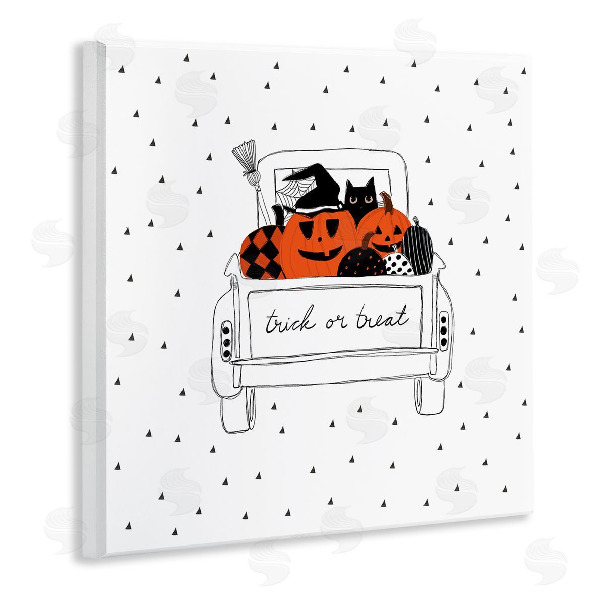 Amylee Weeks Trick Or Treat Truck Pumpkins Doodle Style Drawing Wooden Wall Plaque Art Print